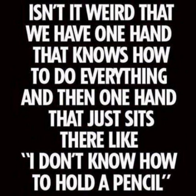 weird and funny quotes - Isn'T It Weird That We Have One Hand That Knows How To Do Everything And Then One Hand That Just Sits There "I Don'T Know How To Hold A Pencil"