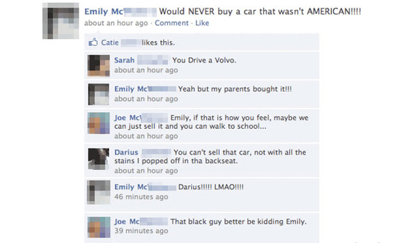 funny facebook statuses - Emily Mc W ould Never buy a car that wasn't American!!!! about an hour ago Comment Catie this. Sarah You Drive a Volvo. about an hour ago Emily Mc Y eah but my parents bought it!!! about an hour ago Joe Mc Emily, if that is how y