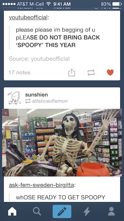 spoopy tumblr funny - ..... At&T MCell 83% Ueilul youtubeofficial please please im begging of u Please Do Not Bring Back 'Spoopy' This Year Source youtubeofficial 17 notes sunshien a lilsliceoflemon H Thes askfemswedenbirgitta Whose Ready To Get Spoopy