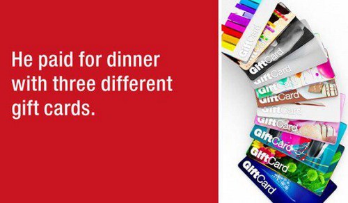 graphic design - Re Gifts He paid for dinner with three different gift cards. wiftCard Ig uintCard Gear Gift Card Gift Card GiftCard GiftCard