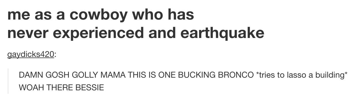 tumblr - document - me as a cowboy who has never experienced and earthquake gaydicks420 Damn Gosh Golly Mama This Is One Bucking Bronco tries to lasso a building Woah There Bessie