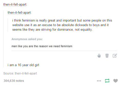 tumblr - funny sjw fails - thenitfellapart thenitfellapart i think feminism is really great and important but some people on this website use it as an excuse to be absolute dickwads to boys and it seems they are striving for dominance, not equality Anonym