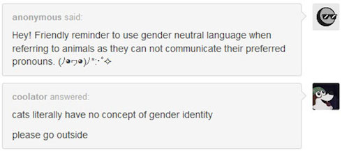 tumblr - most ridiculous tumblr genders - anonymous said Hey! Friendly reminder to use gender neutral language when referring to animals as they can not communicate their preferred pronouns ro coolator answered cats literally have no concept of gender ide
