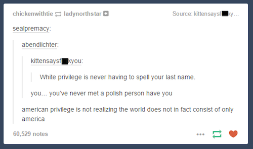 tumblr - people offended - chickenwithtie ladynorthstar Source kitten saysfy... sealpremacy abendlichter kittensaysfkyou White privilege is never having to spell your last name. you... you've never met a polish person have you american privilege is not re