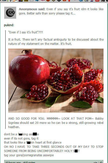 tumblr - tag your gore pomegranates - Anonymous said Even if you say it's fruit idm it looks gore. Better safe than sorry please tag it.. pukind "Even if I say it's fruit"??? It is fruit. There isn't any factual ambiguity to be discussed about the nature 