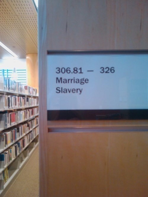 dewey decimal system funny - Eeee 306.81 326 Marriage Slavery