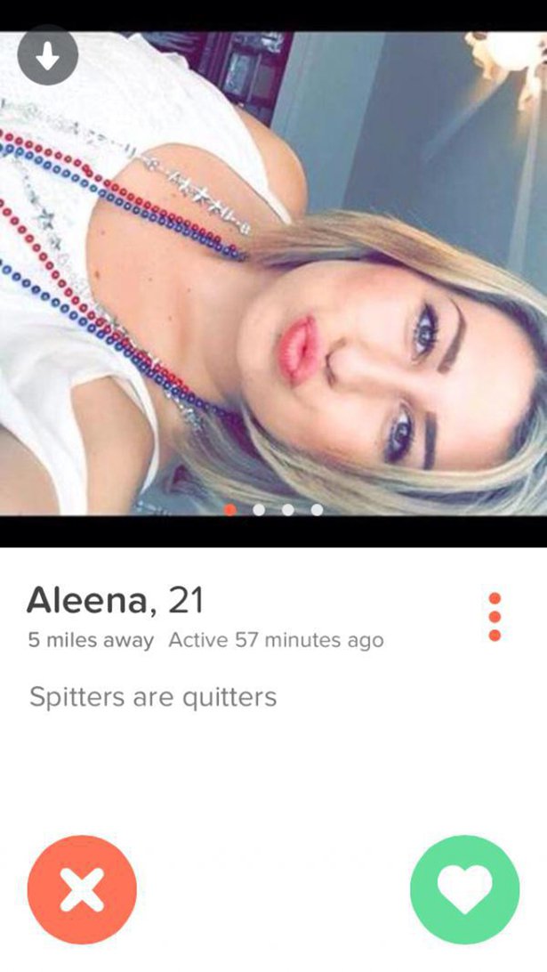 tinder - best tinder - Ooooooooooo Ooooo OOOOOOOOOOO000888 Aleena, 21 5 miles away Active 57 minutes ago Spitters are quitters