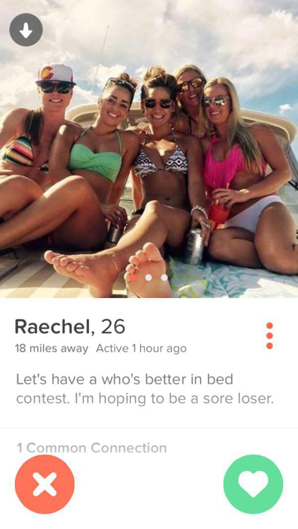 tinder - bikini - Raechel, 26 18 miles away Active 1 hour ago Let's have a who's better in bed contest. I'm hoping to be a sore loser. 1 Common Connection