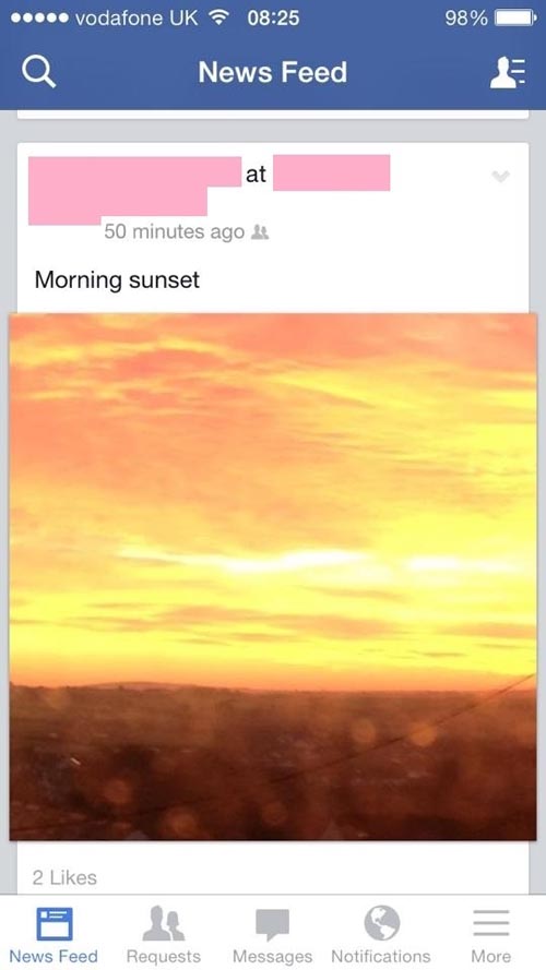facebook post app - ..... vodafone Uk 98% News Feed 50 minutes ago Morning sunset 2 More News Feed Requests Messages Notifications