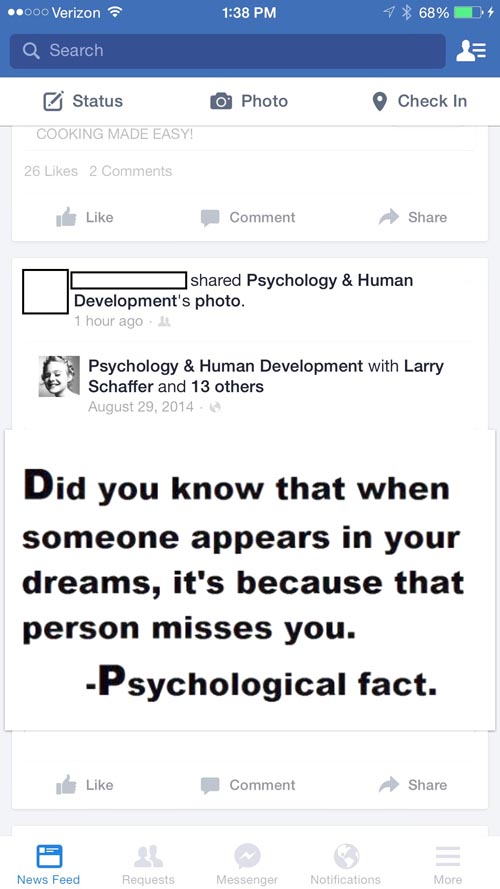 psychological fact - ..000 Verizon 1 68% 24 Q Search Status O Photo Check In Cooking Made Easy! 26 2 Comment d Psychology & Human Development's photo. 1 hour ago Development's paced. Psyc Psychology & Human Development with Larry Schaffer and 13 others Di