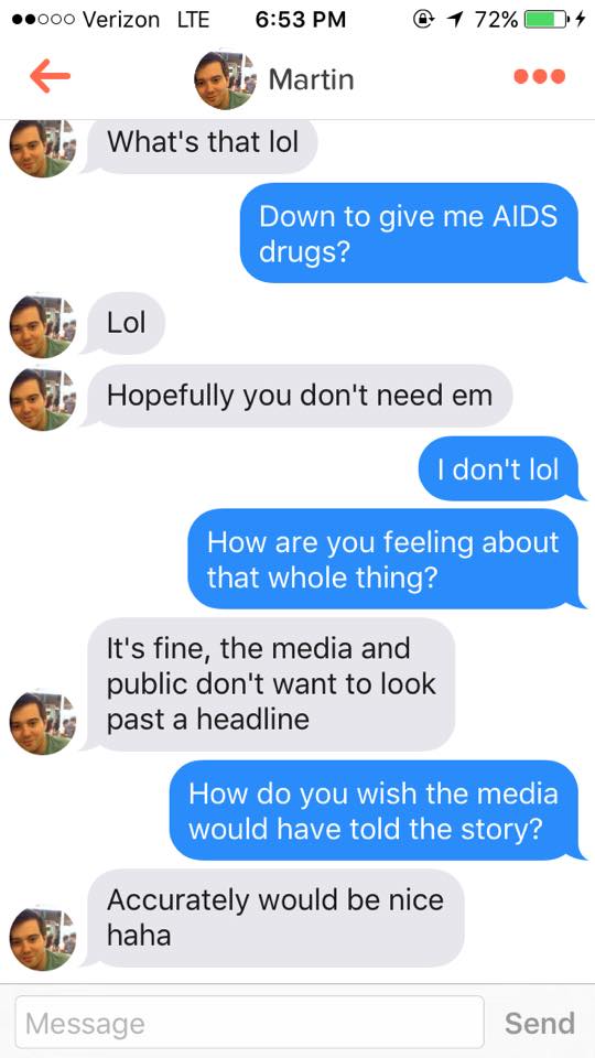 Hero woman gets Tinder-matched with the AIDS drug guy, calls him out on his douchebaggery.