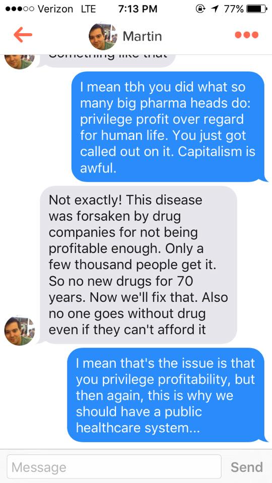 Hero woman gets Tinder-matched with the AIDS drug guy, calls him out on his douchebaggery.