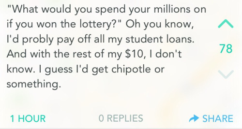 handwriting - "What would you spend your millions on if you won the lottery?" Oh you know, I'd probly pay off all my student loans. And with the rest of my $10, I don't know. I guess I'd get chipotle or something. 1 Hour O Replies