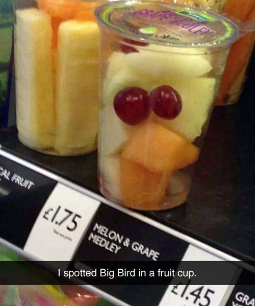 funny bird snapchats - Cal Fruit Melon & Grape Medley I spotted Big Bird in a fruit cup. 2145 Gra