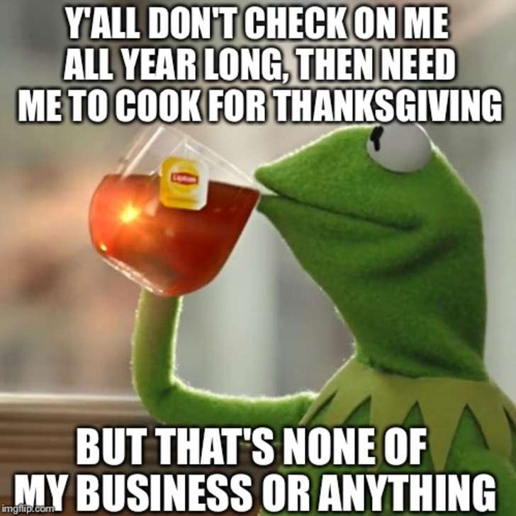 people think you need them - Y'All Don'T Check On Me All Year Long, Then Need Me To Cook For Thanksgiving But That'S None Of My Business Or Anything imgflip.com