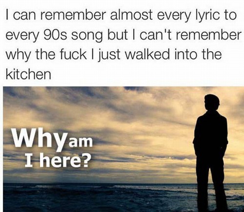 water - I can remember almost every lyric to every 90s song but I can't remember why the fuck I just walked into the kitchen Whyam I here?