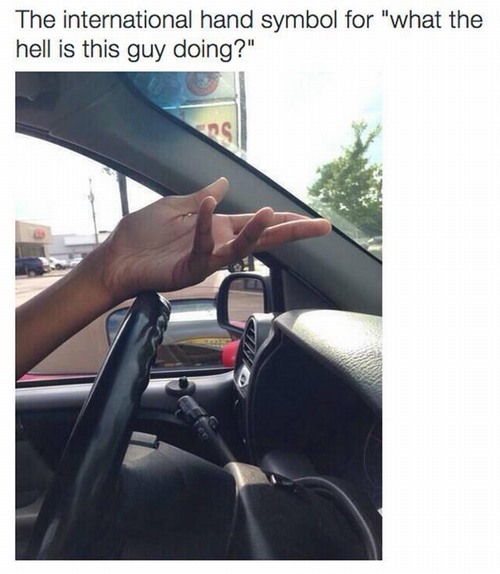 fuck hand signal - The international hand symbol for "what the hell is this guy doing?"