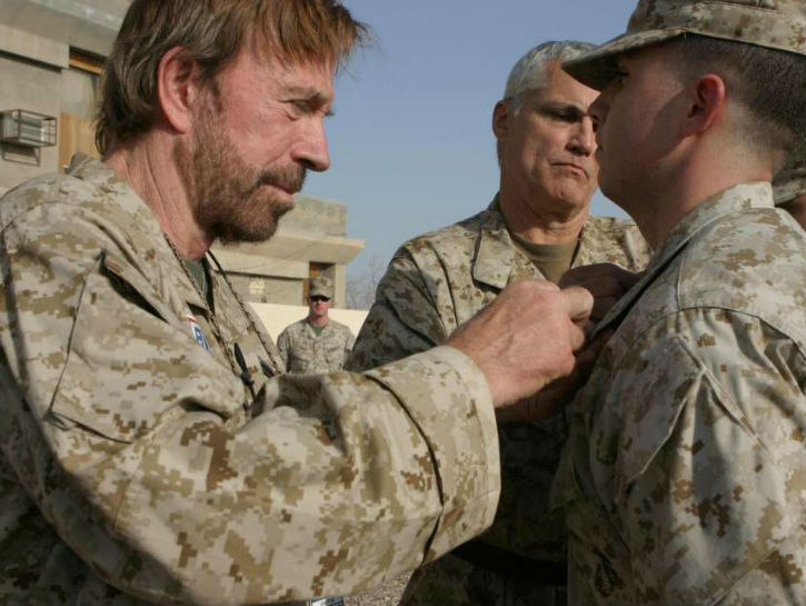 Chuck Norris (This is no surprise).
Chuck Norris decided to join the US Air force as an Air policeman.When he was stationed in Osan Air base in Korea he learned Tang Soo Do which ignited his interest in martial arts. At his stay at the base he garnered the nickname Chuck (his real name is Carlos) from his army mates and the name and martial arts stuck.