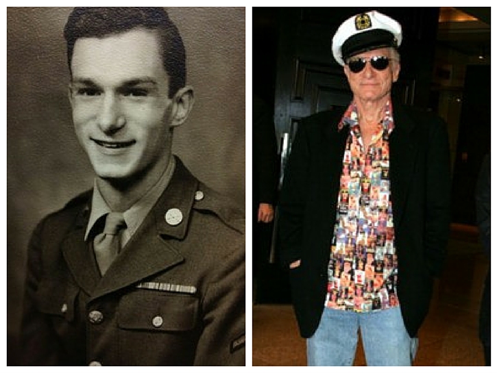 Hugh Hefner.
Hugh Hefner served in the US Army from 1944-1946. He wrote for the military newspaper. We wonder if his girlfriend’s grandfathers served with him?