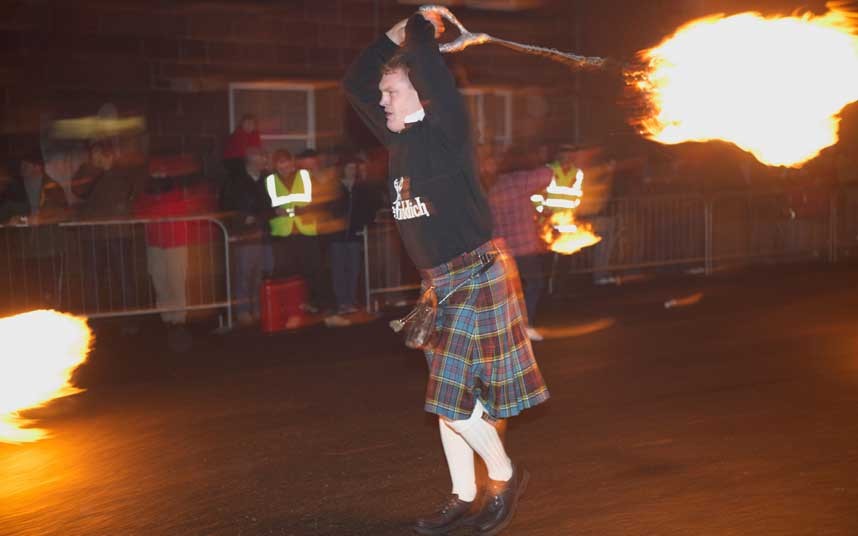 Great balls of fire, Scotland.
They have a custom of parading through the street's of New Year's Eve while swinging blazing balls of fire around, although its roots trace back to Vikings.