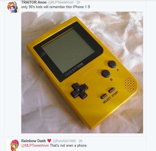 missed - game boy pocket - Traitor Anon Mlp TweetAnon 2h only 90's kids will remember this iPhone 1 S Game Boy Select Start Rainbow Dash PonyGirl 1985 2h That's not even a phone