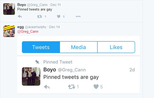 missed - web page - Boyo . Dec 11 Pinned tweets are gay egg avaamurphy Dec 14 Tweets Media Pinned Tweet Boyo Pinned tweets are gay 71