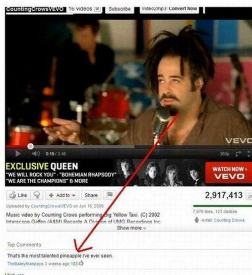 funny things to comment on youtube - Counting CrowsVEVO 16 videos Subscribe video mp3 Convert now Vevc 360p 0 19 Exclusive Queen "We Will Rock You" "Bohemian Rhapsody" "We Are The Champions" 6 More Watch Now Vevo 2,917,413 Add to Uploaded by Counting Crow