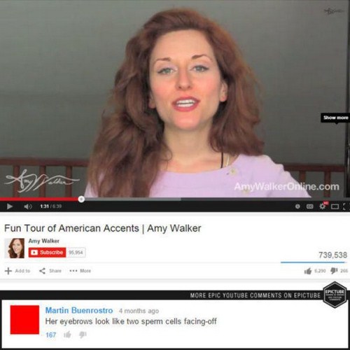 most hilarious youtube comments - nyWalkerOnline.com 4013116 Fun Tour of American Accents Amy Walker Amy Walker Subscribe 739,538 More Epic Youtube On Epictube Martin Buenrostro 4 months ago Her eyebrows look two sperm cells facingoff 167