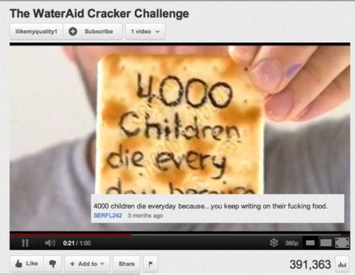 meme funny youtube comments - The WaterAid Cracker Challenge komyquality1 Subscribe video 4000 Children die every 4000 children die everyday because...you keep writing on their fucking food. SERFL242 3 months ago Il $ 360p 7 Add to 391,363