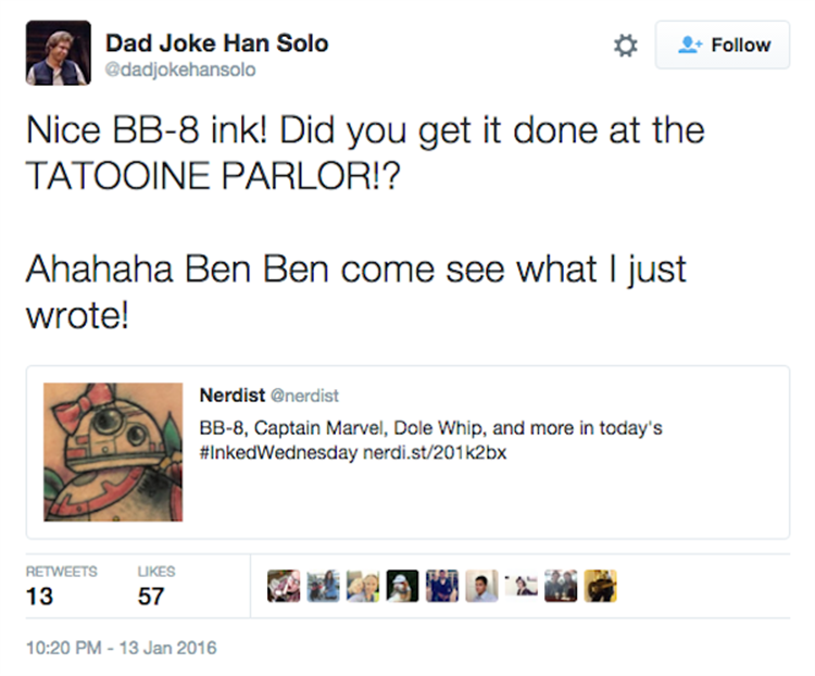 ariana grande big sean break up tweet - Dad Joke Han Solo dadjokehansolo Nice Bb8 ink! Did you get it done at the Tatooine Parlor!? Ahahaha Ben Ben come see what I just wrote! Nerdist Bb8, Captain Marvel, Dole Whip, and more in today's nerdi.st2bx 13 57