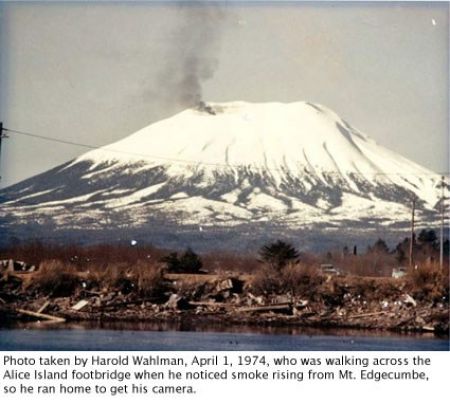 april fools volcano prank - Photo taken by Harold Wahlman, , who was walking across the Alice Island footbridge when he noticed smoke rising from Mt. Edgecumbe, so he ran home to get his camera.