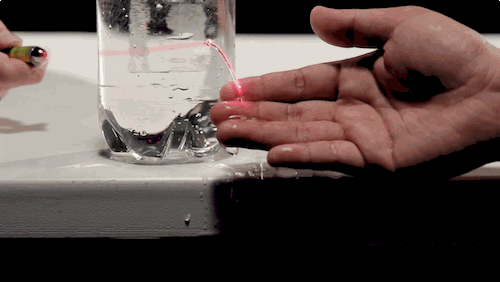 This is how water can "bend" light.

It's called refraction and it happens when light slows down and changes direction a little when it travels from air to water.