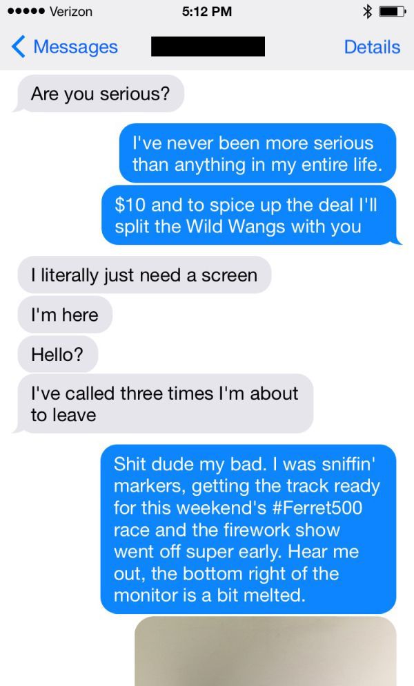 craigslist ad - craigslist troll - ..... Verizon Messages Details Are you serious? I've never been more serious than anything in my entire life. $10 and to spice up the deal I'Ii split the Wild Wangs with you I literally just need a screen I'm here Hello?