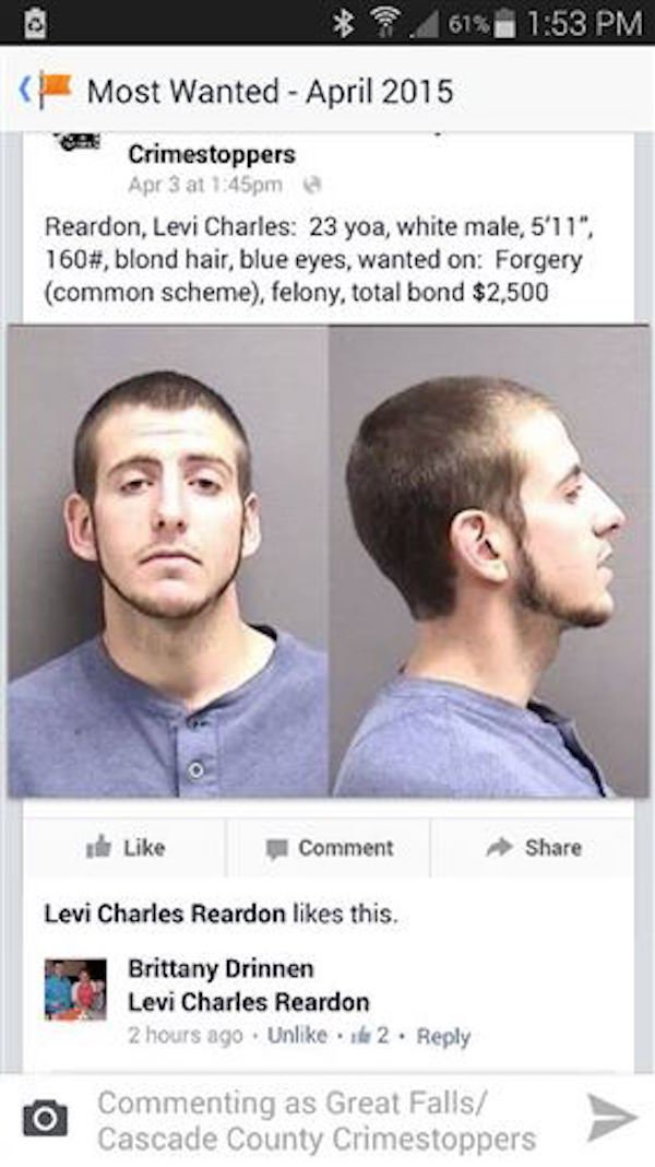 Levi Charles was tracked down and arrested after liking his ‘Crimestoppers’ mugshot online.