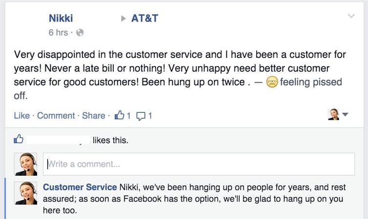 web page - At&T Nikki 6 hrs. Very disappointed in the customer service and I have been a customer for years! Never a late bill or nothing! Very unhappy need better customer service for good customers! Been hung up on twice. feeling pissed off. . Comment .