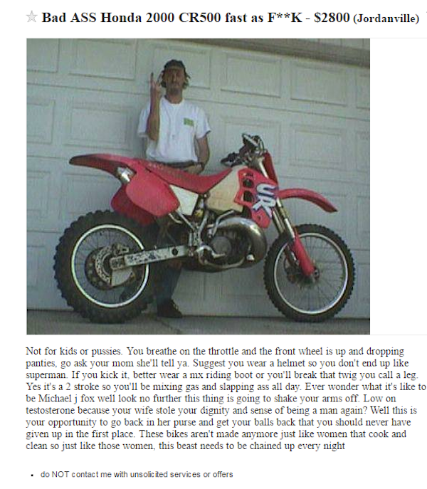 Check out how great this "bad ass" Honda 2000 CR500 is: