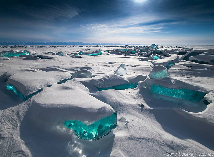 Emerald Ice on Lake Baikal located in the south of the Russian region of Siberia