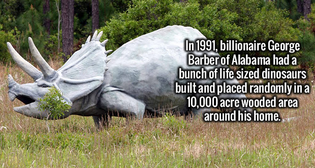 grass - In 1991, billionaire George Barber of Alabama had a bunch of life sized dinosaurs built and placed randomly in a 10,000 acre wooded area around his home.