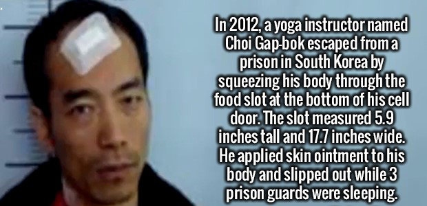 photo caption - In 2012, a yoga instructor named Choi Gapbok escaped from a prison in South Korea by squeezing his body through the food slot at the bottom of his cell door. The slot measured 5.9 inches tall and 17.7 inches wide. He applied skin ointment 