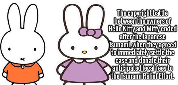 cartoon - The copyright battle between the owners of Hello Kitty and Miffy ended after the Japanese Tsunami, when theyagreed to immediately settle the case and donate their anticipated legal fees to the Tsunami Relief Effort