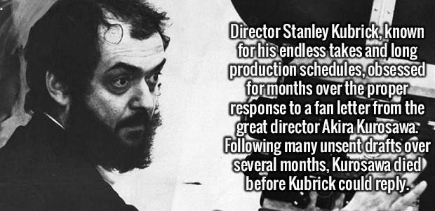 poster - Director Stanley Kubrick, known for his endless takes and long production schedules, obsessed for months over the proper response to a fan letter from the great director Akira Kurosawa ing many unsent drafts over several months, Kurosawa died bef