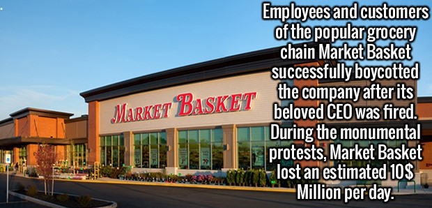 outlet store - Market Basket Employees and customers of the popular grocery chain Market Basket successfully boycotted the company after its beloved Ceo was fired. During the monumental protests, Market Basket lost an estimated 10$ Million per day. Honda
