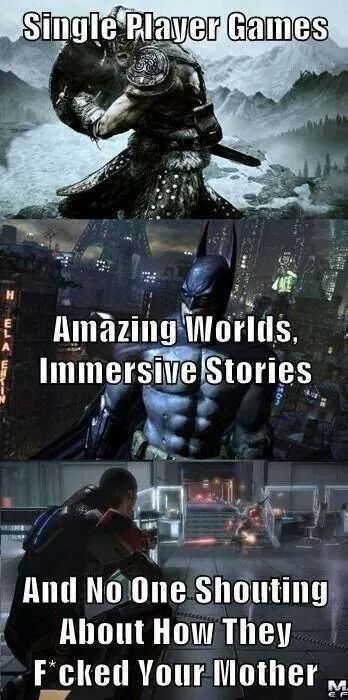 single player games meme - Single Player Games We Amazing Worlds Immersive Stories And No One Shouting About How They Fcked Your Motherm