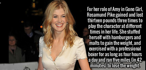 blond - For her role of Amy in Gone Girl, Rosamund Pike gained and lost thirteen pounds three times to play the character at different times in her life. She stuffed herself with hamburgers and malts to gain the weight, and exercised with a professional b