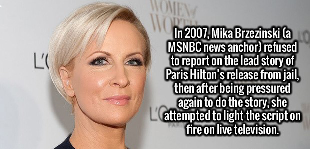 beauty - In 2007, Mika Brzezinski a Msnbc news anchor refused to report on the lead story of Paris Hilton's release from jail, then after being pressured again to do the story, she L'attempted tolight the script on fire on live television.