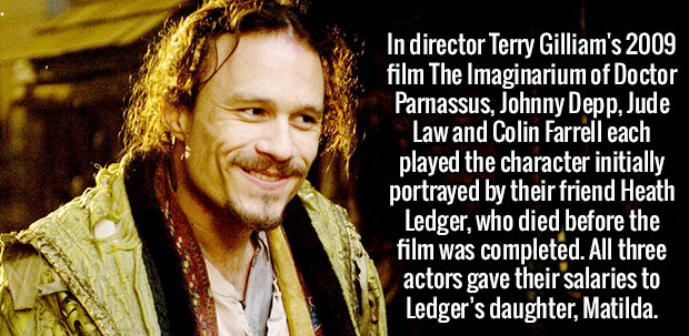 heath ledger in the imaginarium of doctor parnassus - In director Terry Gilliam's 2009 film The Imaginarium of Doctor Parnassus, Johnny Depp, Jude Law and Colin Farrell each played the character initially portrayed by their friend Heath Ledger, who died b