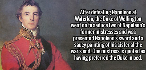 duke of wellington - After defeating Napoleon at Waterloo, the Duke of Wellington went on to seduce two of Napoleon's former mistresses and was presented Napoleon's sword and a saucy painting of his sister at the war's end. One mistress is quoted as havin