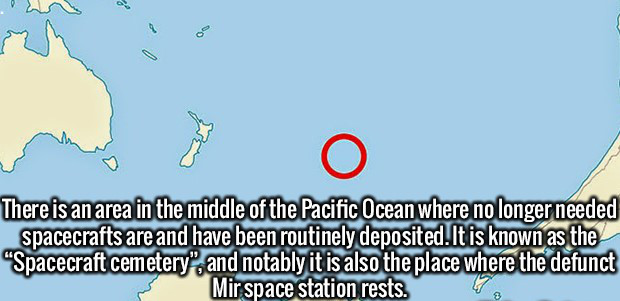 cartoon - There is an area in the middle of the Pacific Ocean where no longer needed spacecrafts are and have been routinely deposited. It is known as the "Spacecraft cemetery", and notably it is also the place where the defunct Mir space station rests. M