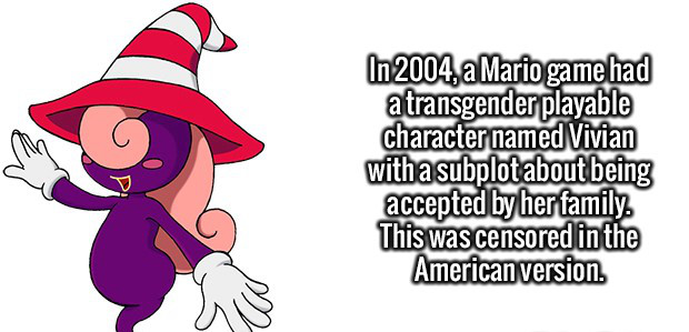 cartoon - In 2004. a Mario game had a transgender playable character named Vivian with a subplot about being accepted by her family This was censored in the American version