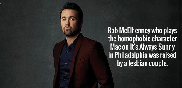 gay mac - Rob McElhenney who plays the homophobic character Mac on It's Always Sunny in Philadelphia was raised by a lesbian couple.